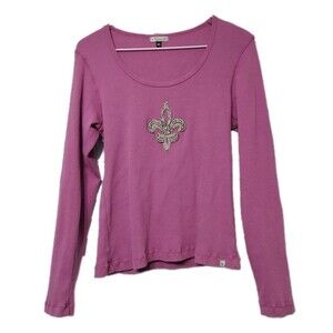 Marabou Sz XL Embellished Fleur-De-Lis Long Sleeve Ribbed Shirt Rose Color Jewel